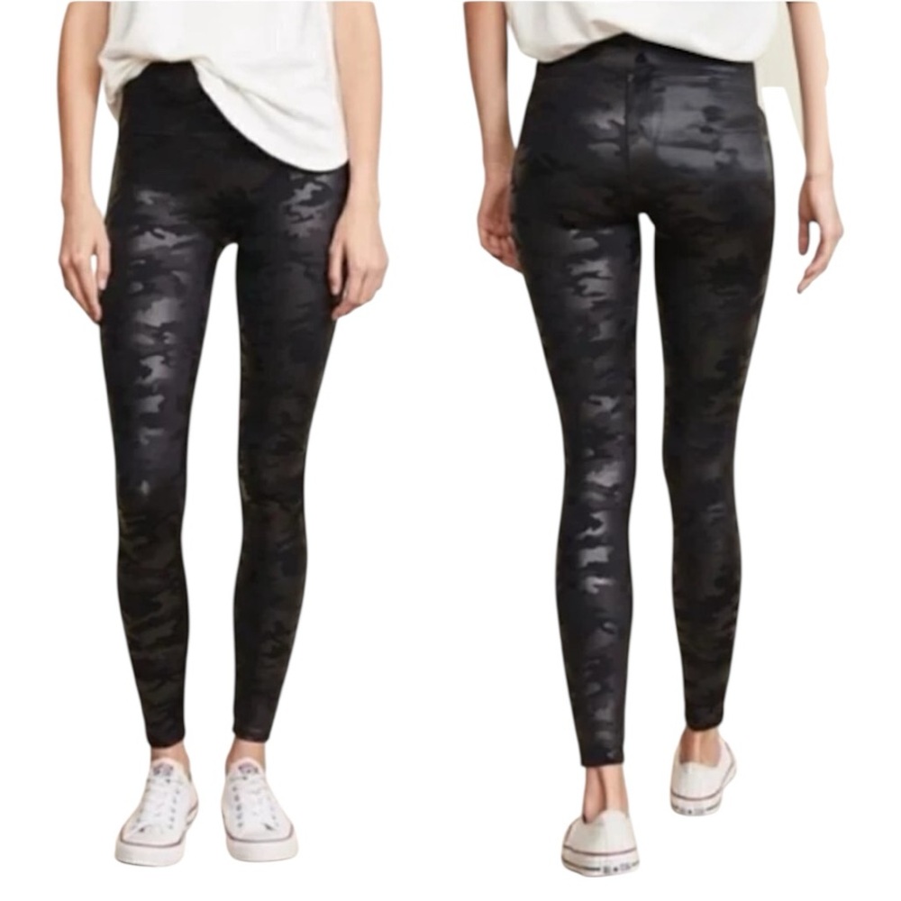 SPANX Luxe Faux Leather Camo Moto Leggings Black Camo Size M EUC